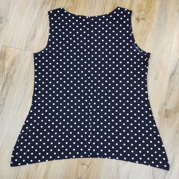 💛Vintage Suzie Black w/White Polka Dot Asymmetric Sleeveless Top Large - Picture 2 of 8